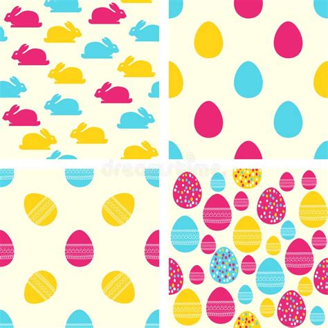 Set Of Easter Seamless Patterns Vector Backgrounds With Eggs Rabbits