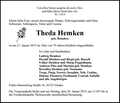 Traueranzeigen Von Theda Hemken Nordwest Trauer De