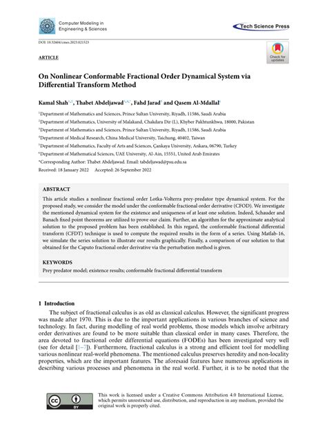 Pdf On Nonlinear Conformable Fractional Order Dynamical System Via