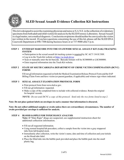 South Carolina Sexual Assault Evidence Collection Kit Instructions