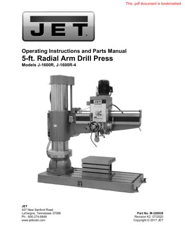 Jet J 1600R 4 5 Arm Radial Drill Press 460V Operating Instructions And