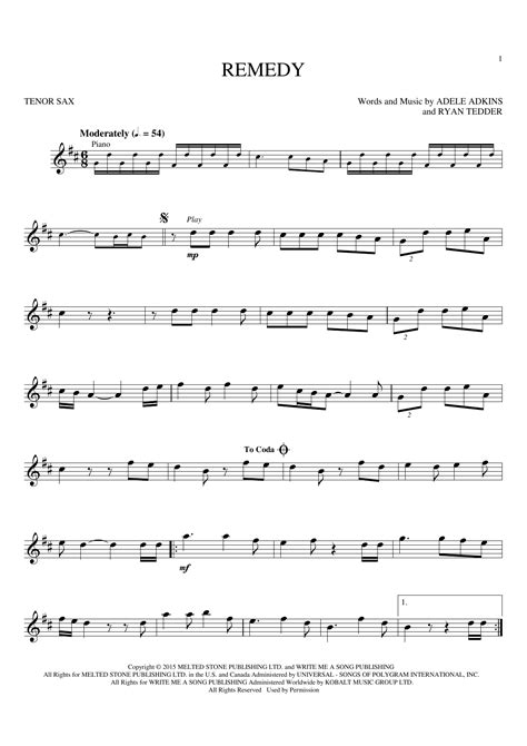 Remedy Sheet Music Adele Tenor Sax Playalong