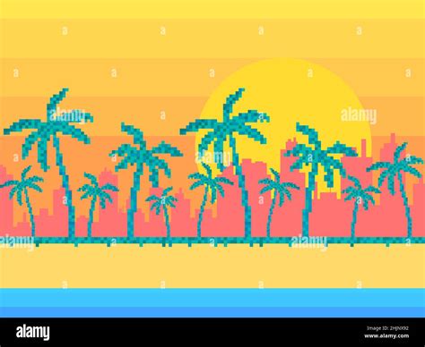 Sunrise On The Beach With Palm Trees In S Pixel Art Style Miami