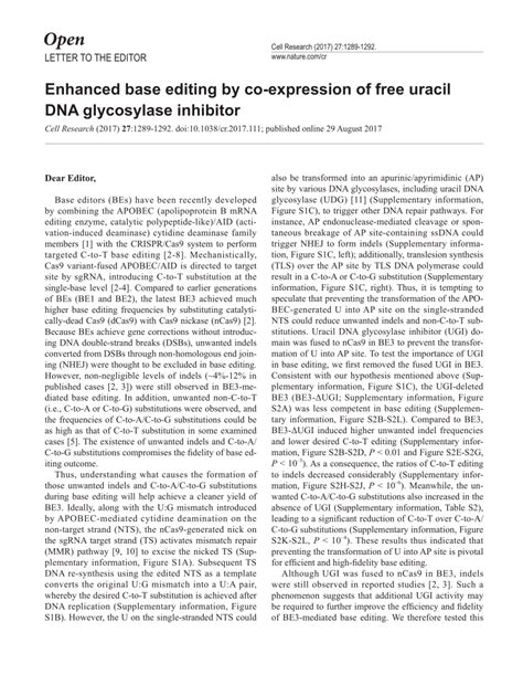 PDF Enhanced Base Editing By Co Expression Of Free Uracil DNA