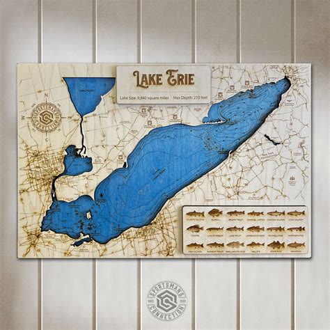 Lake Erie Great Lakes Wood Engraved Lake Map Wall Art Home Décor