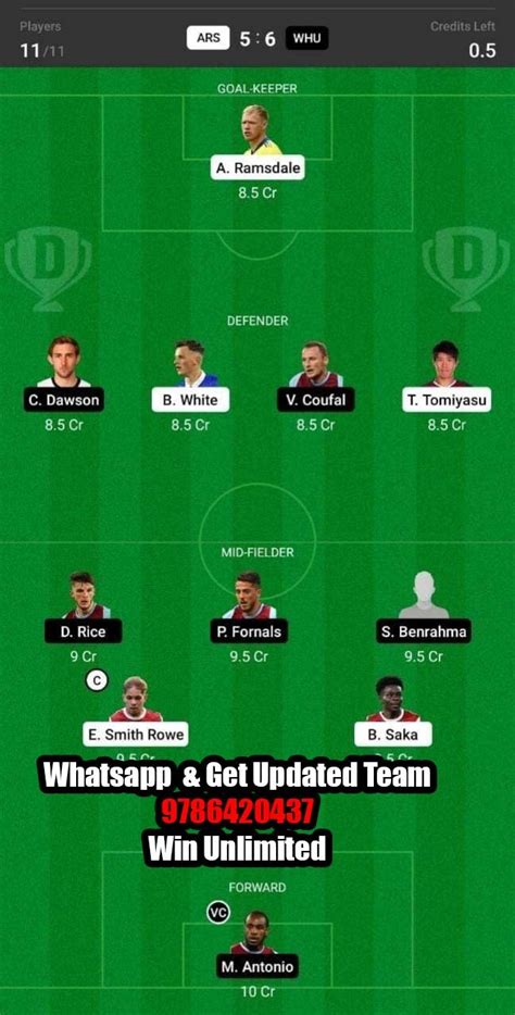 Whu Vs Ars Dream11 Team Fantasy Prediction Premier League