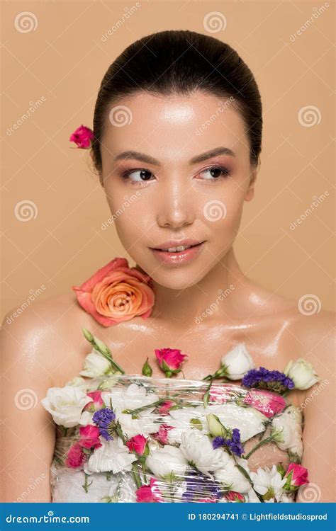 Attractive Naked Asian Girl In Fresh Flowers Stock Image Image Of