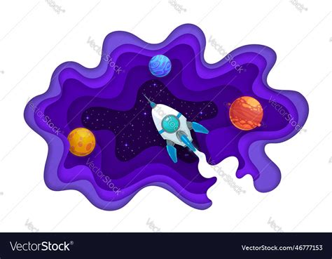 Space Paper Cut Rocket Planets And Starry Galaxy Vector Image