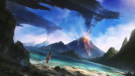 Wallpaper Mountains Women Fantasy Art Planet Sky Spaceship