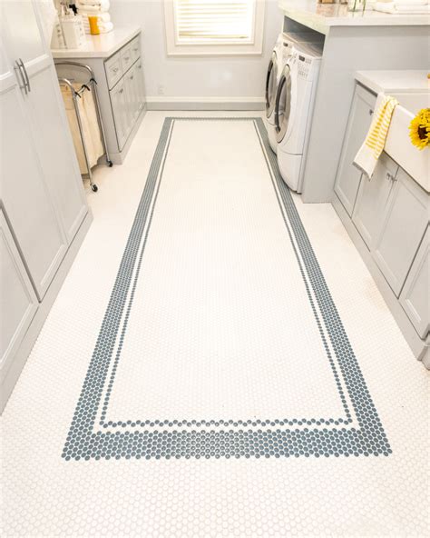 Penny Tile Floor Border Design Contemporary Laundry Room Tampa