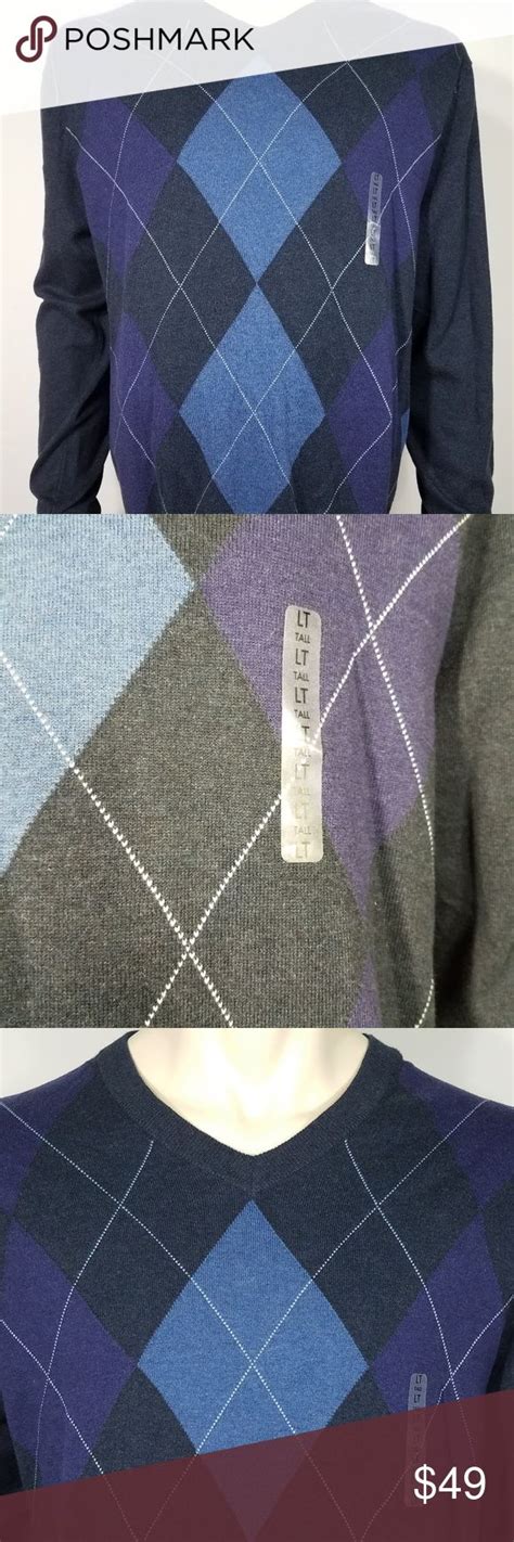 Blue Argyle Cotton Sweater Mens LT Large Tall Men S Argyle V Neck