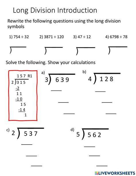 Long Division Intro Worksheet Live Worksheets