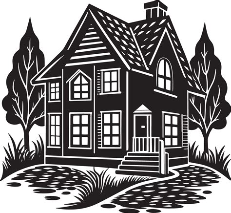 hand drawn house  trees illustration black  white