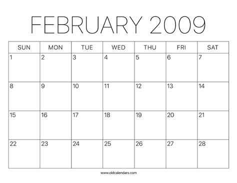 2009 Calendar February – Printable Old Calendars