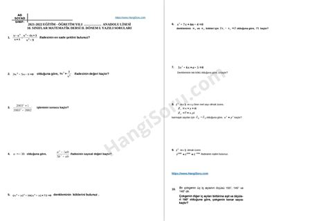 10 Sınıf Matematik 2 Dönem 1 Yazılı Sınav Soruları 2022 Hangisoru