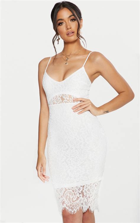 White Lace Plunge Midi Dress Dresses Prettylittlething Ca