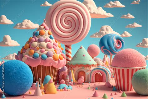 3d Render Fantasy Colorful Candyland Background With Cupcake Candies