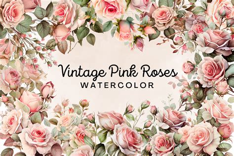 Vintage Pink Roses Watercolor Clipart Graphic By Folv Creative Fabrica