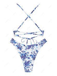 Zaful Floral U Wire Criss Cross Lace Up High Cut Bikini Swimwear In