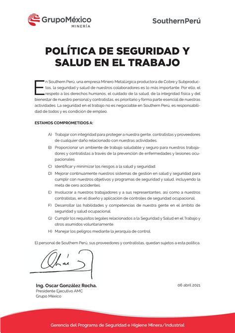 Politica Seguridad y Salud en el Trabajo E n Southern Perú una