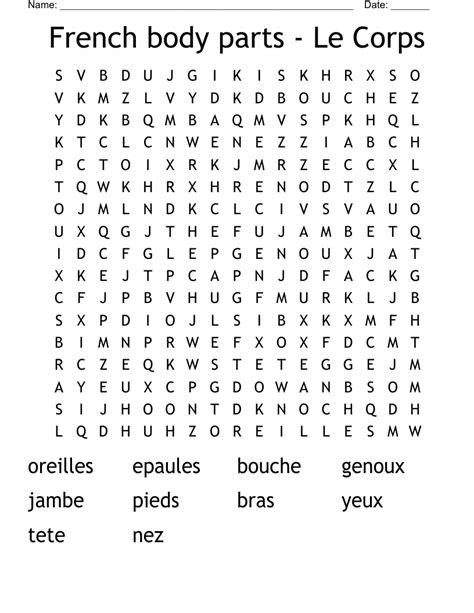 French Body Parts Le Corps Word Search Wordmint