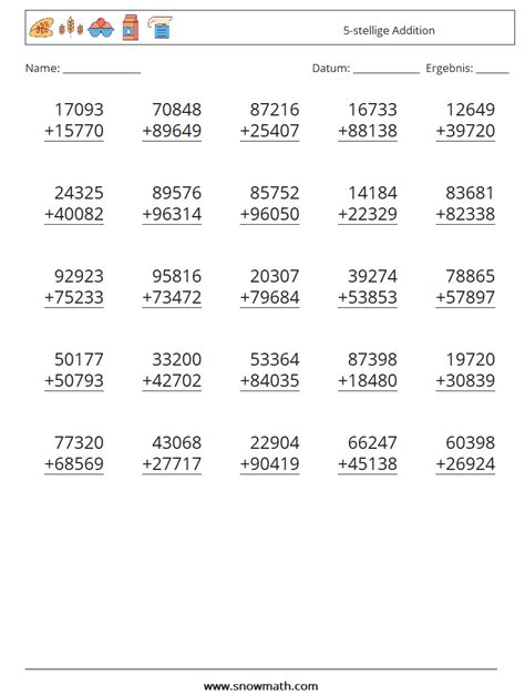 25 5 stellige addition Mathe Arbeitsblätter Mathe Übungen für Kinder