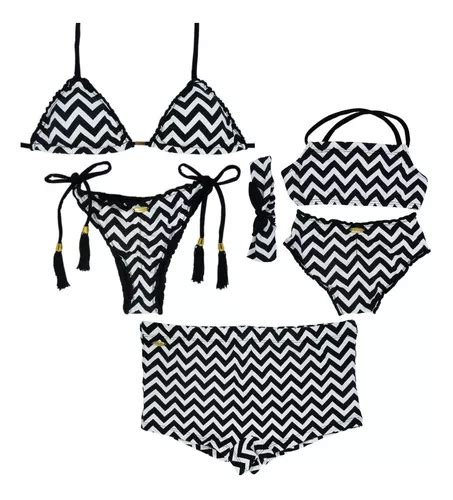 Kit Família Moda Praia Biquínis Mãe Filha Sunga Pai Chevron