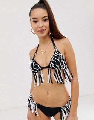 Asos Design Macrame Fringed Bikini In Black And White Asos