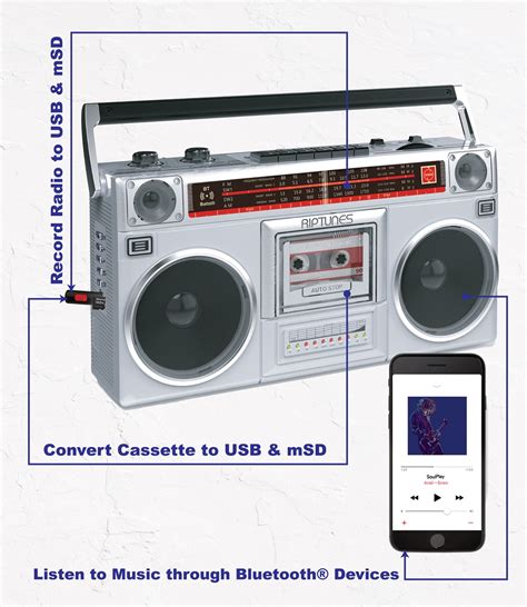 Riptunes Radio Cassette Stereo Boombox With Bluetooth Audio Silver