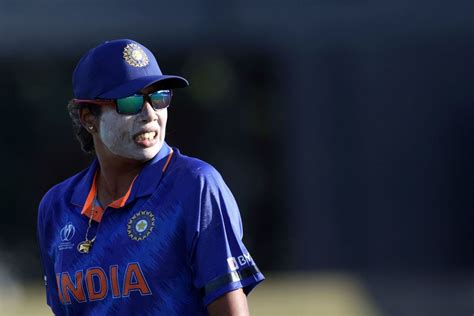 Jhulan Goswami looks on during the ODI World Cup game against Pakistan ...