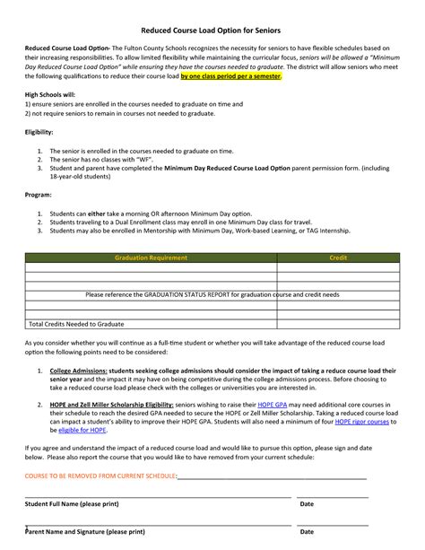 Reduced Course Load Senior Letter 1 Reduced Course Load Option For