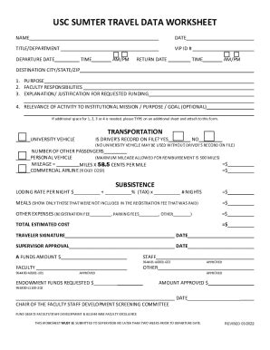 Fillable Online Pdffiller Travel Data Worksheet