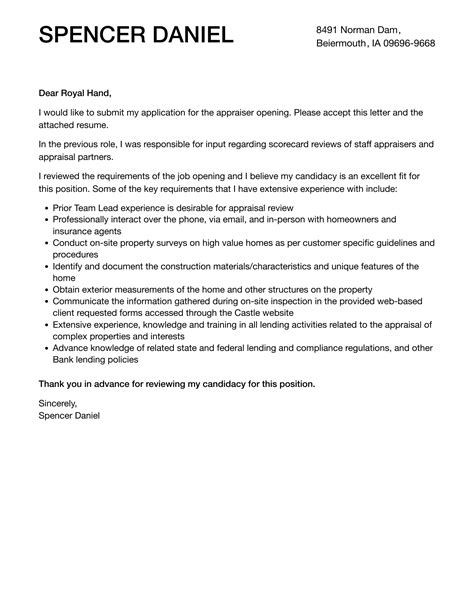 Appraiser Cover Letter Velvet Jobs