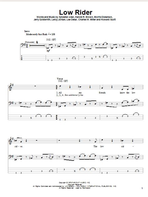 Low Rider By War Sheet Music For Bass Guitar Tab At Sheet Music Direct