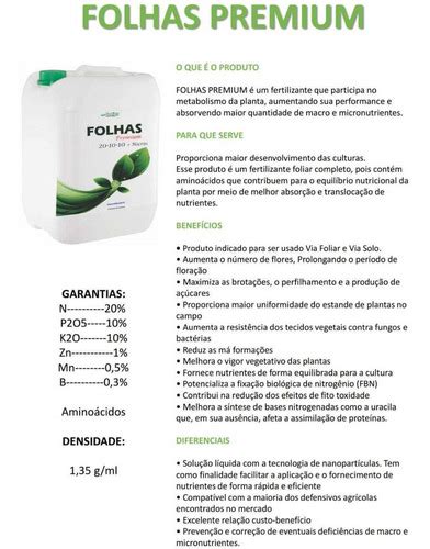 Fertilizante Folhas Premium Npk 20 10 10 Micros 5 Litros