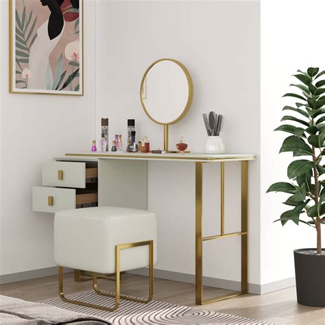 Modern Vanity Table with Mirror, Drawers, and Stool - Atunus