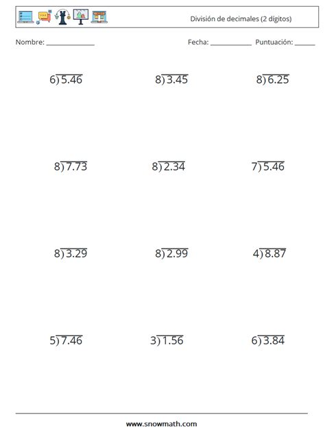 12 división de decimales 2 dígitos Hojas de trabajo de matemáticas