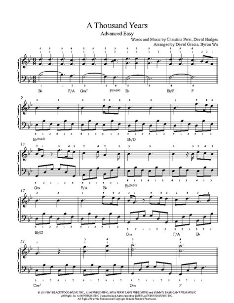 A Thousand Years By Christina Perri Piano Sheet Music Advanced Level