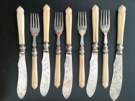 Antique Set Of Silver Plated Fish Knives Forks Carved Ivory Handles