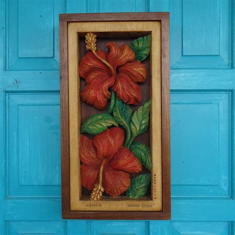 Hibiscus Flower Wood Carving Hand Carved Floral Design Wall