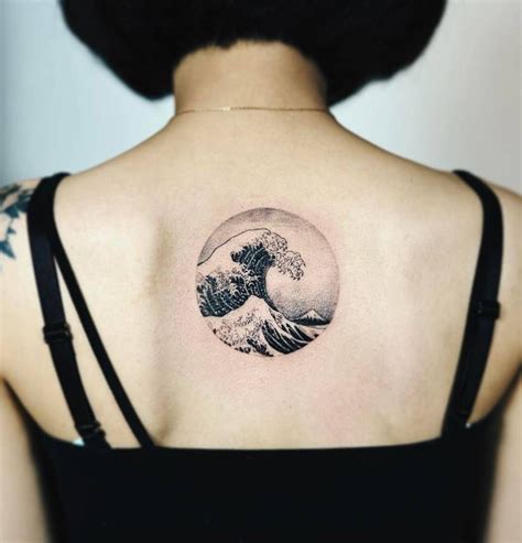 Hokusais The Great Wave Off Kanagawa Circle Tattoo On The Upper Back