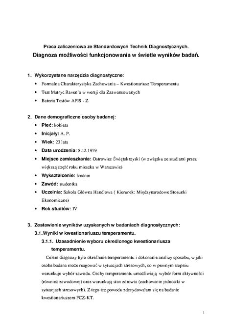 Przykladowa diagnoza - przykład - Podstawy diagnozy psychologicznej