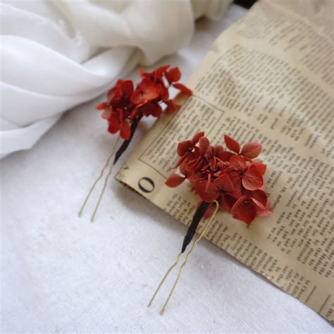 Burnt Orange Hydrangea Dried Flower Hair Pins For Bride Hair