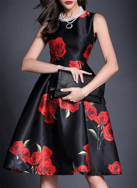 Round Neck Sleeveless Rose Print Flare Dress SheIn Sheinside Black