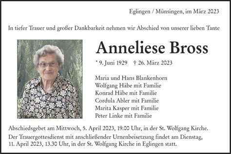 Traueranzeigen Von Anneliese Bross S Dwest Presse Trauer