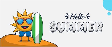 Premium Vector Hello Summer Banner With Sun Character Carrying Surfboard