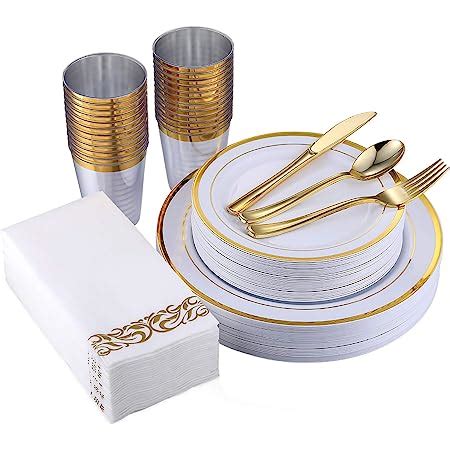 Amazon 175 Piece Gold Dinnerware Set 25 Guest 50 Gold Rim Plastic