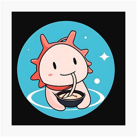 Lámina fotográfica Lindo dibujo Azul Verde Kawaii Axolotl Comiendo