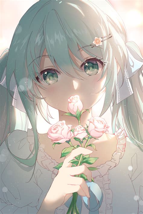 Wallpaper Rose Green Eyes Twintails Anime Girls Artwork Vocaloid