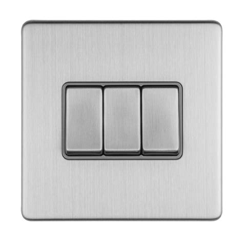 Eurolite Concealed 3mm Stainless Steel 3 Gang 10a 2 Way Switch With Grey Insert Ukes